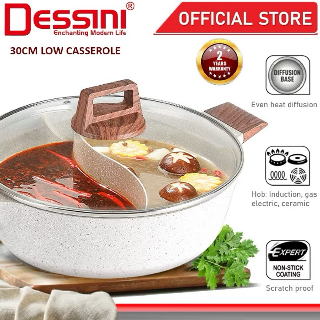 DESSINI ITALY 30CM Maifan Stone Casserole Induction Double Flavor Divider Hot Pot Steamboat Bowl Pan