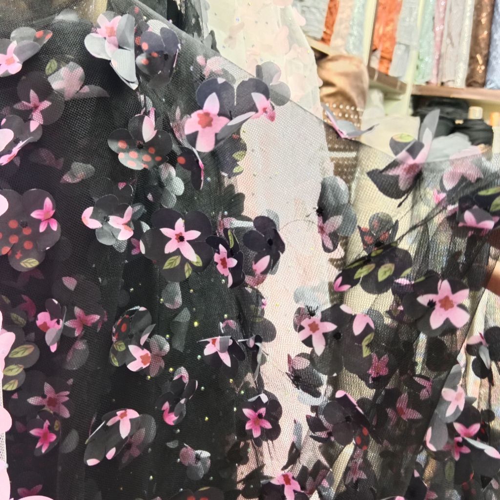 bahan kain tile tridi 3d motif kupu- kupu organza tridi premium