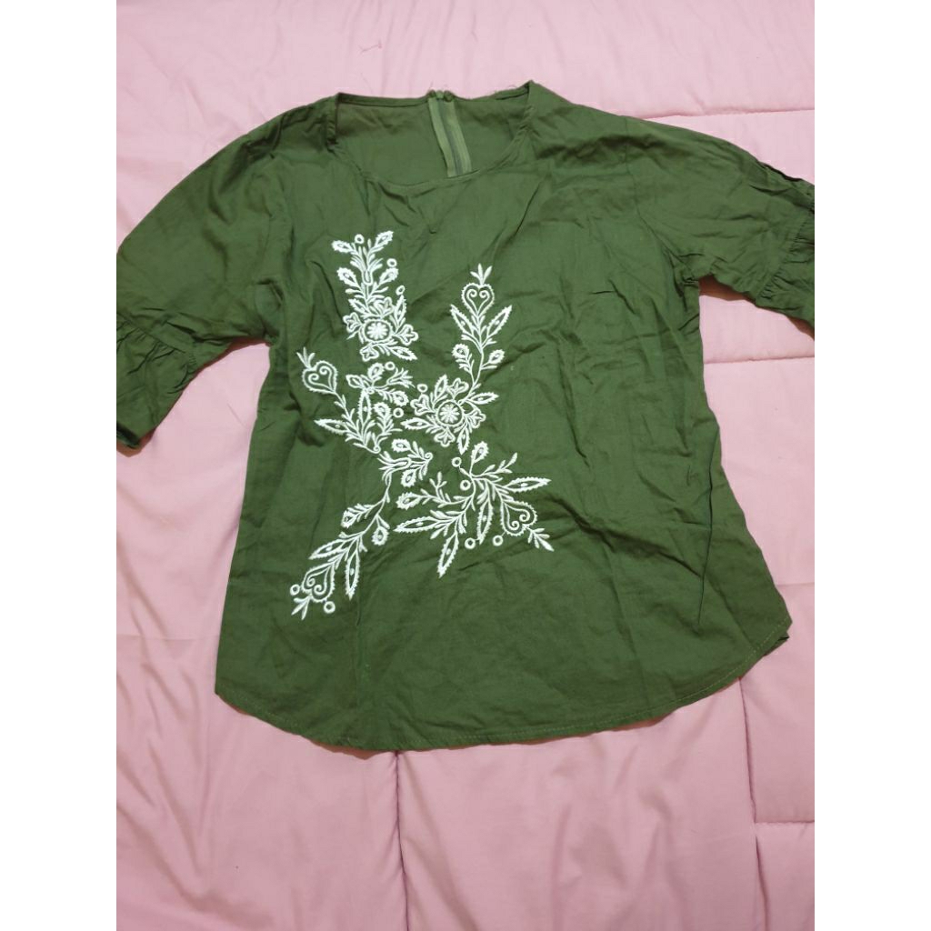 Atasan Dark Green Embroidered Blouse