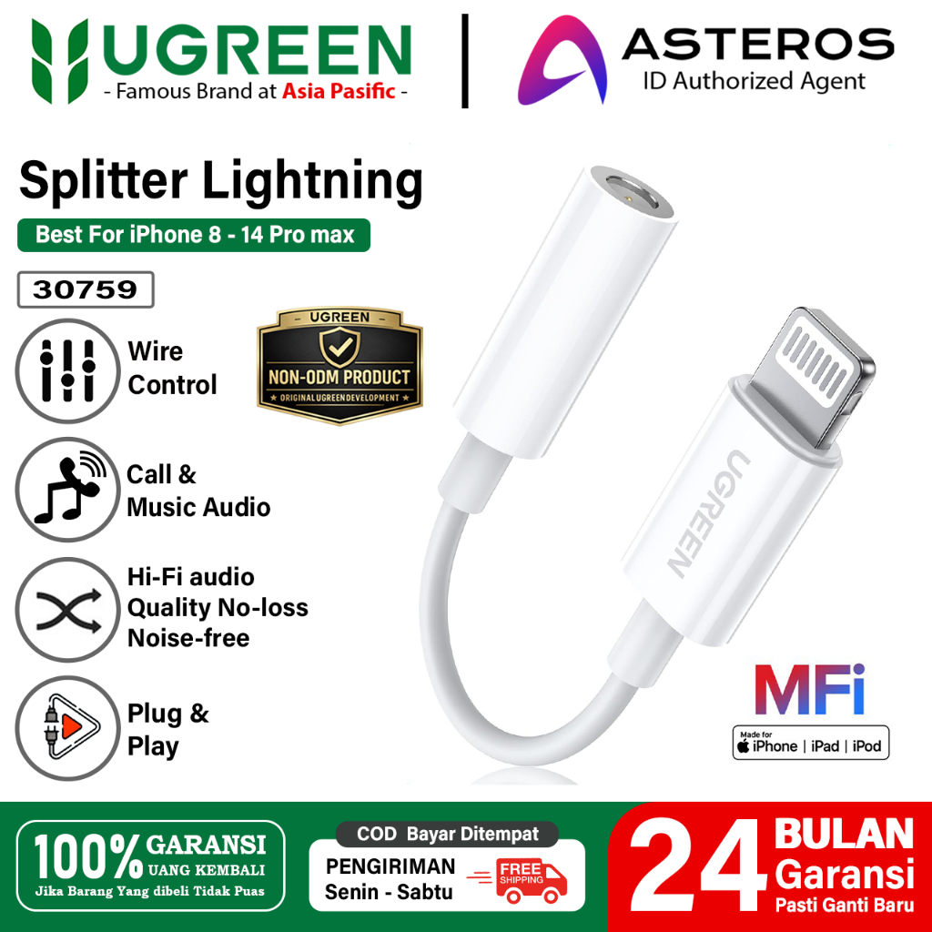 UGREEN Audio Splitter iPhone Mfi Lightning to Jack 3.5mm Support Music, Call, Gaming