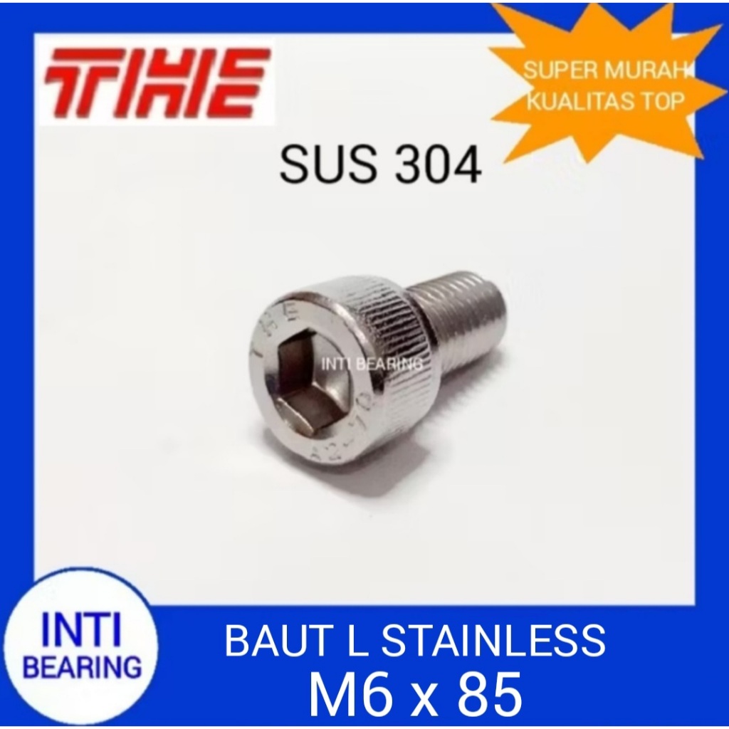BAUT L STAINLESS M6x85 6X85 M6 x 85 6 X 85 SS SUS 304 HEX SOCKET HEAD CAP SCREW KUNCI L5 L 5 PITCH 1