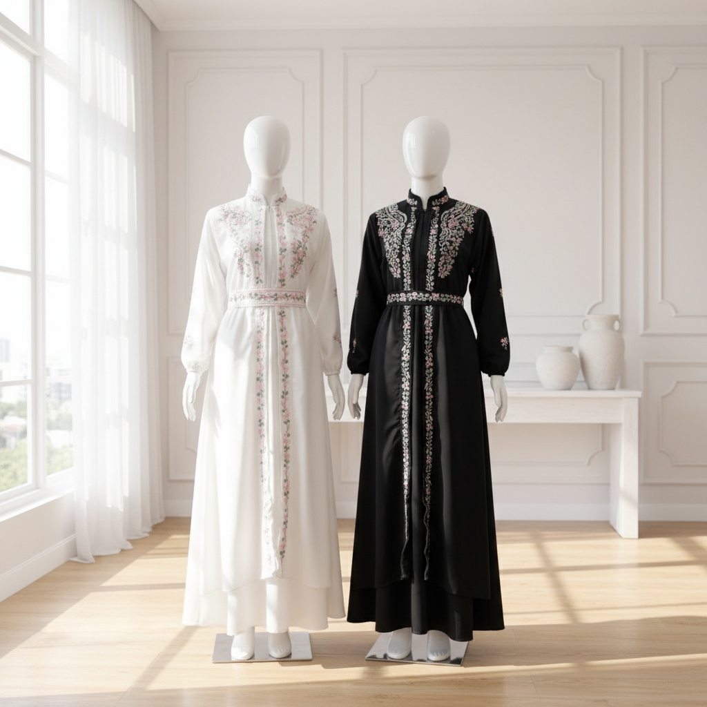 PRQUEEN - Hijab Dress Gamis Putih Hitam Radwah Abaya Maxy Bordir Wanita Muslimah