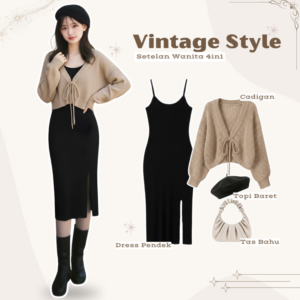 One set 4in1 Wanita dengan Topi BAret Vintage Outfit ( Dress pendek Tali Kecil Hitam + cardigan tali