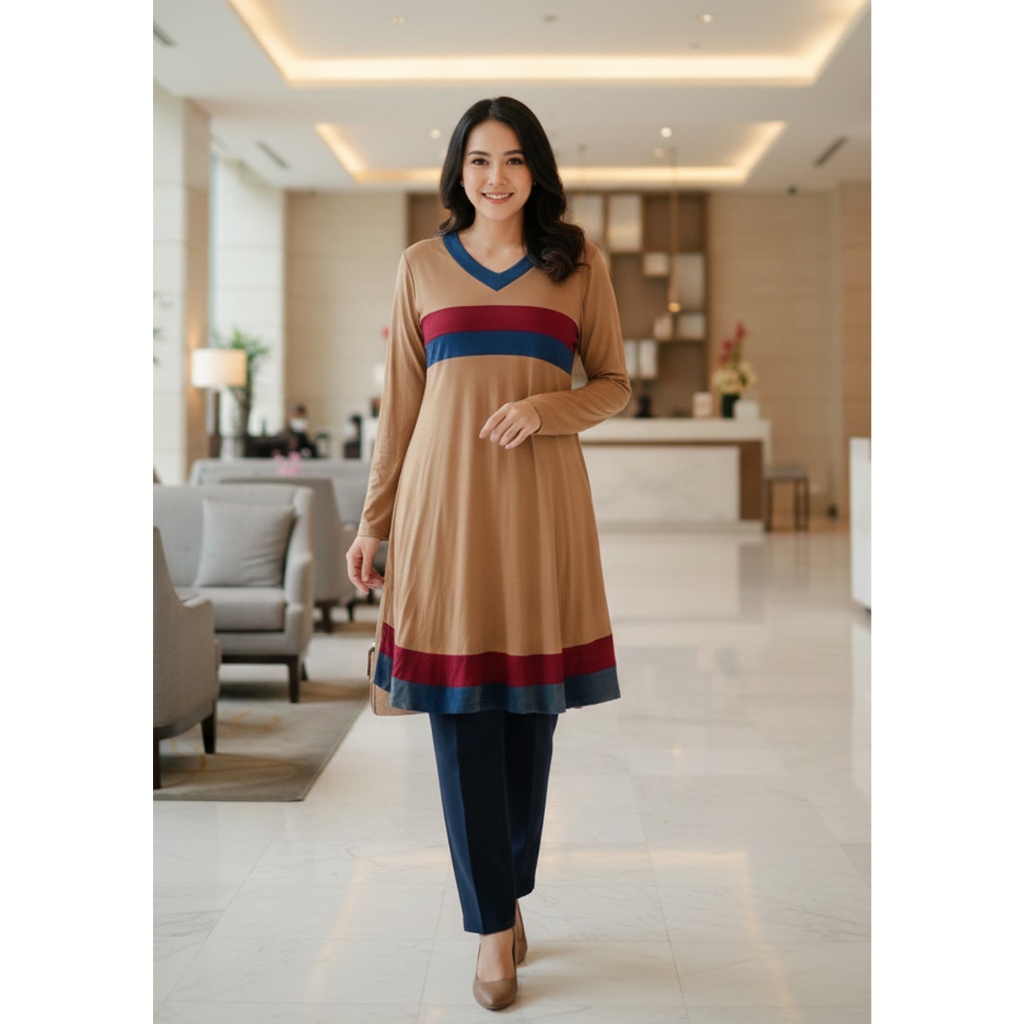 Atasan Kaos Lengan Panjang Warna Coklat Susu Kombinasi