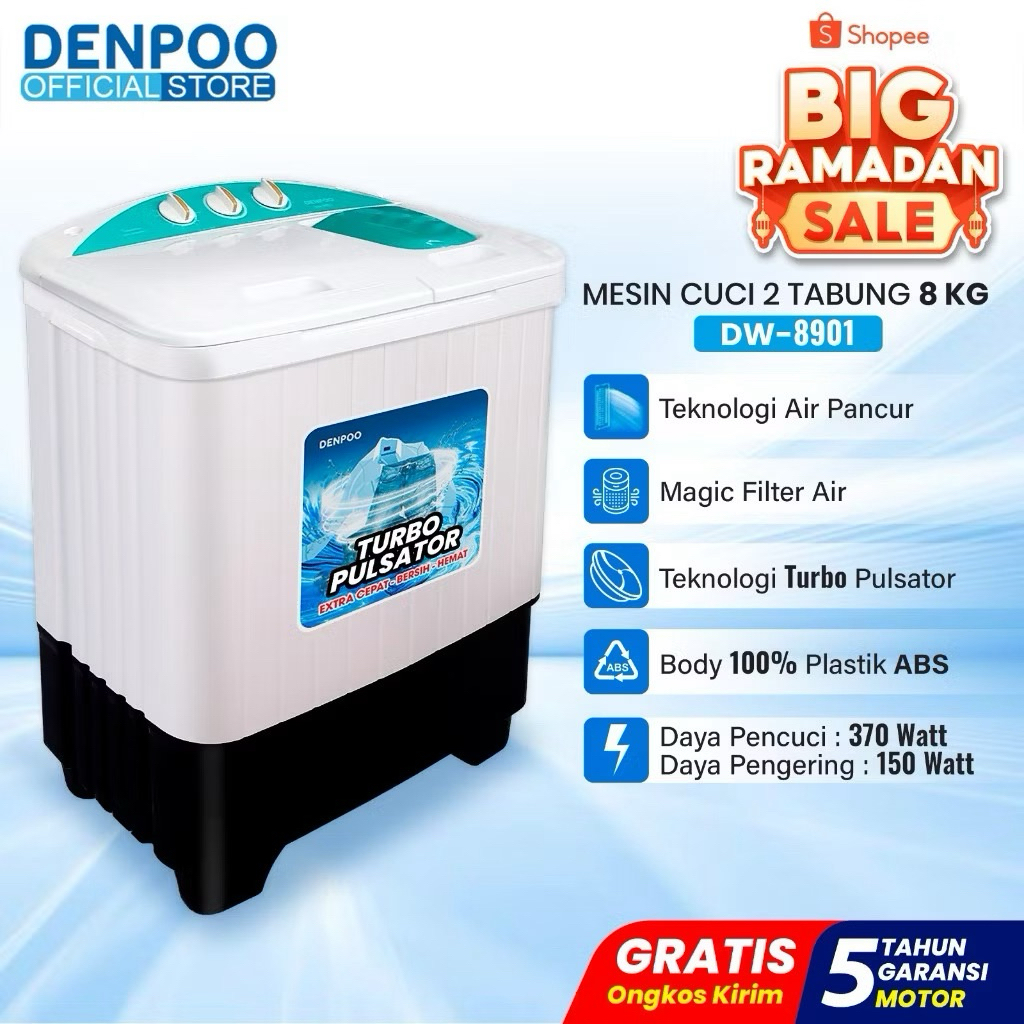 DENPOO Mesin Cuci 2 Tabung DW 8901