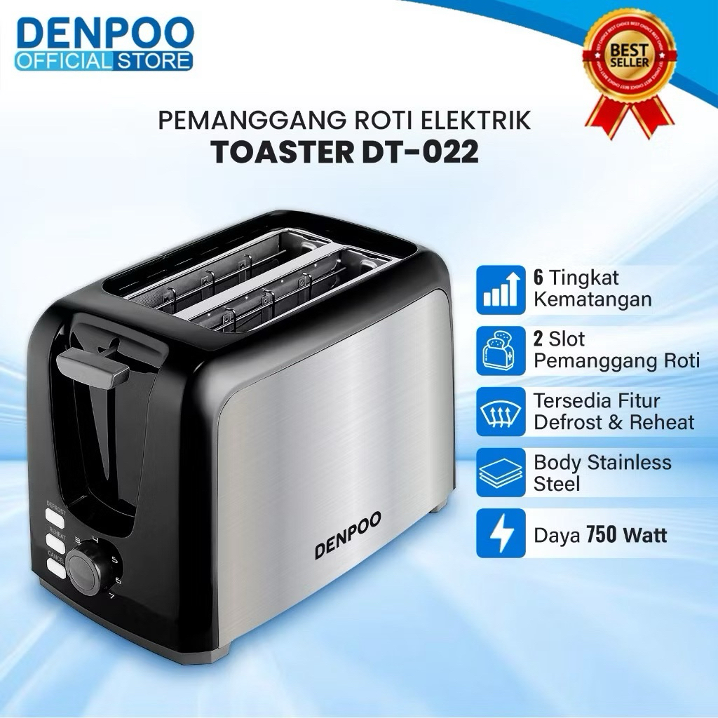 Denpoo DT-022D Toaster 2 Slot Stainless Steel 500W Pop Up