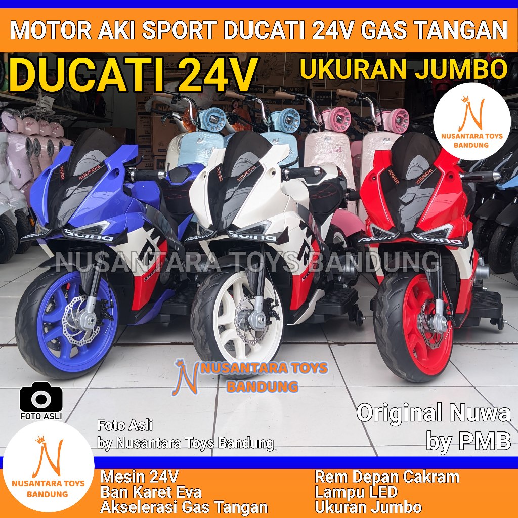 Motor Aki Anak SPORT GAS TANGAN DUCATI SUPERLEGERA MESIN 24V BAN KARET EVA ADA REM CAKRAM ORIGINAL N