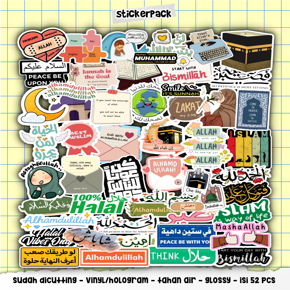 52pcs stiker muslim | islami aesthetic sticker | vinyl & hologram tahan air
