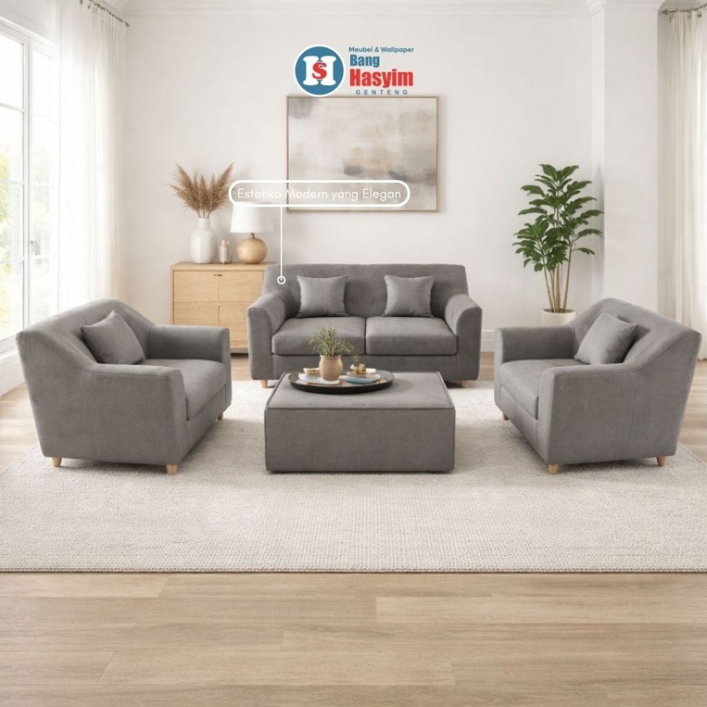 BANG HASYIM Sofa Tamu Minimalis Modern, Set Sofa Ruang Tamu 1 2 Dudukan, Sofa Bludru Abu Abu, Sofa M