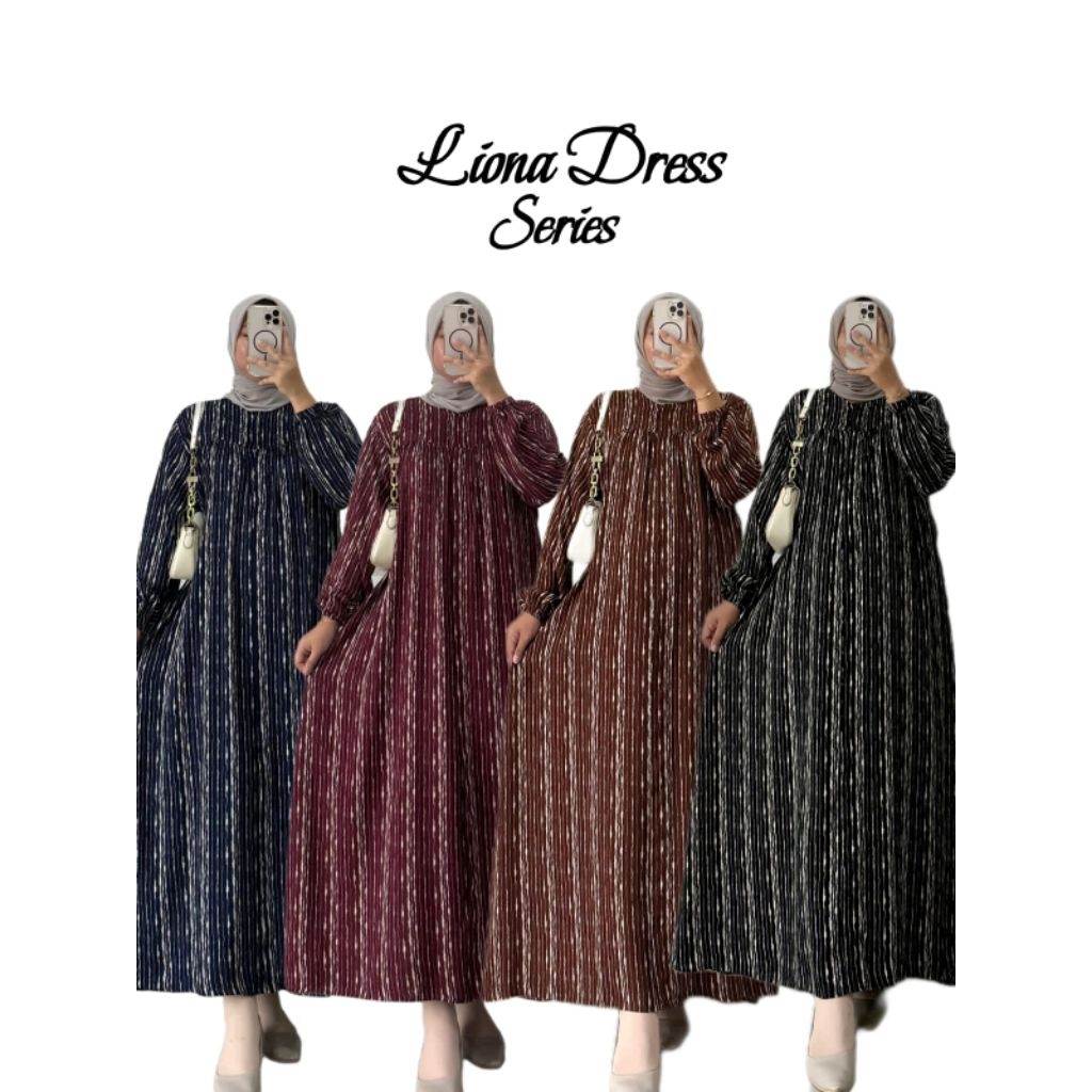 Liona dress salur series/ gamis katun rayon premium diamond motif salur garis garis setrip kekinian 