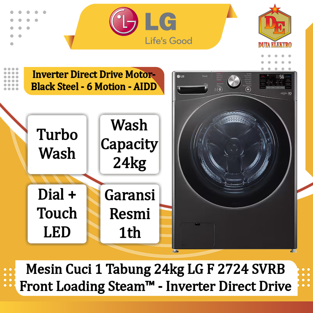 Mesin Cuci 1 Tabung 24kg LG F 2724 SVRB Front Loading - Steam™ - Inverter Direct Drive - WiFi