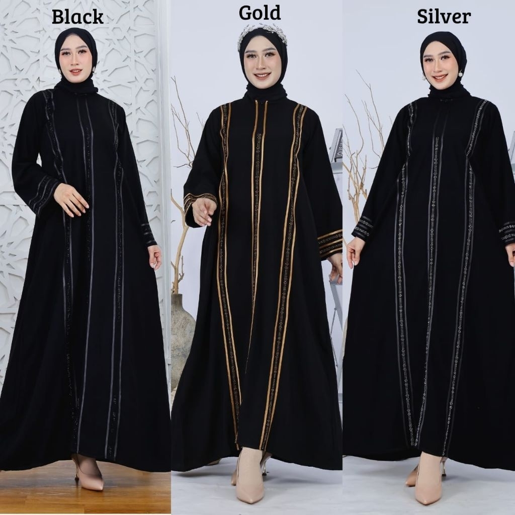 ABAYA GAMIS HITAM JETBLACK AHLAM TURKEY PITA GOLD SILVER BLACK BORDIR UMROH