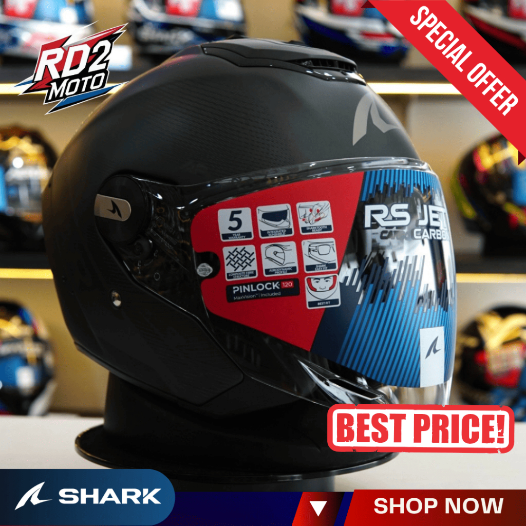 Helm Shark RS Jet Speed Tech Matt Helm Half Face Full Carbon Easy Fit Helm Pria Wanita Hitam Matt