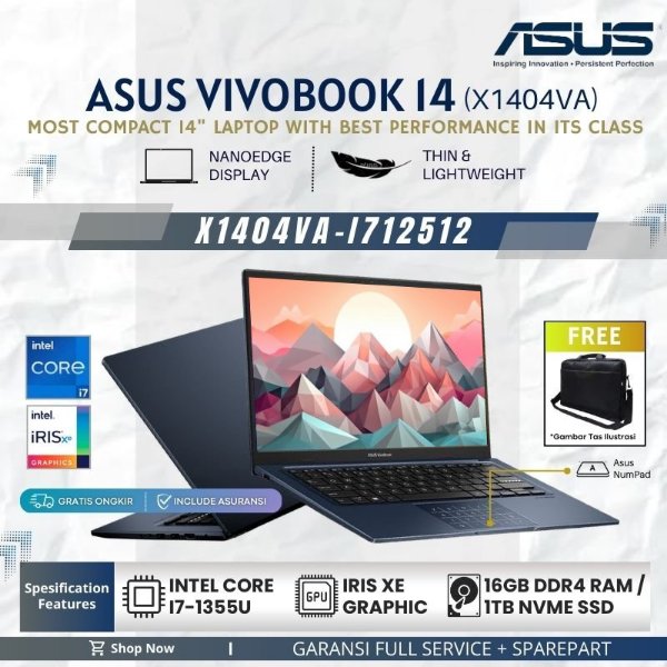 Laptop Design Gaming Tipis Asus Vivobook X1404VA Intel Core i7-1355U 16GB RAM Ssd 1TB Window 11 Orig