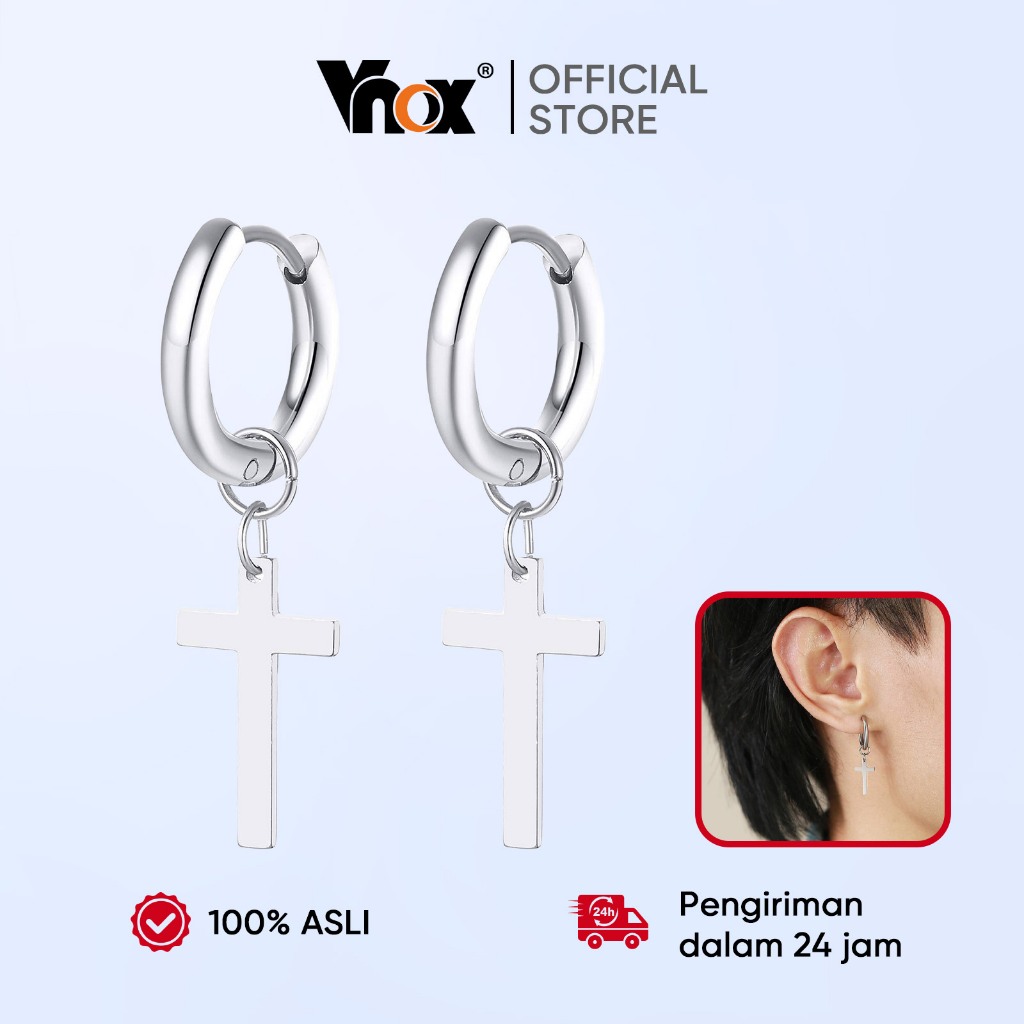 Vnox Anting Pria Model Salib Warna Perak | Gaya Simple Sehari-hari Estetika Hong Kong | Aksesoris Co