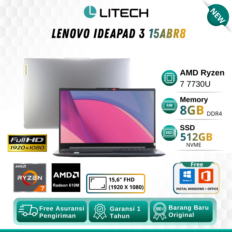 LAPTOP Lenovo Ideapad 3 15ABR8 with Ryzen 7 7000 Series and 8GB RAM and Finger Print