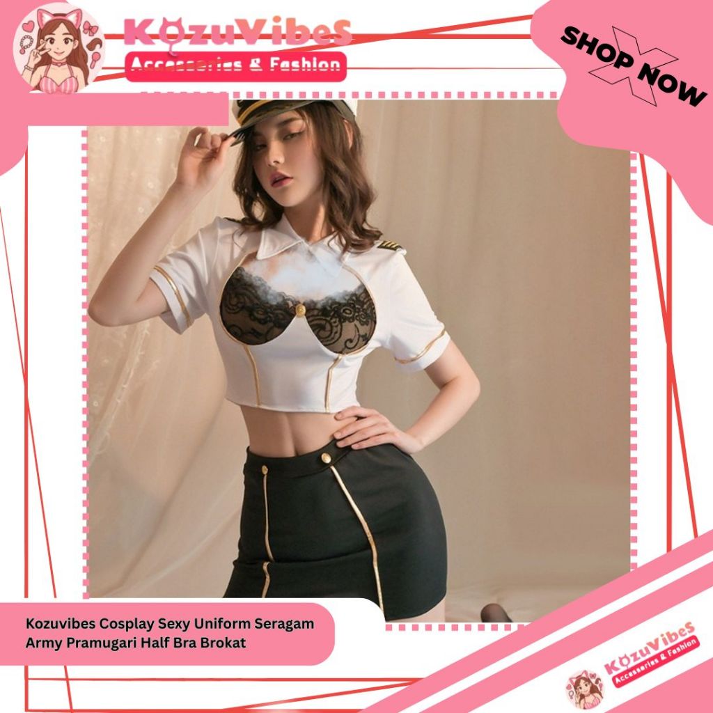 Kozuvibes Cosplay Sexy Uniform Seragam Army Pramugari Half Bra Brokat