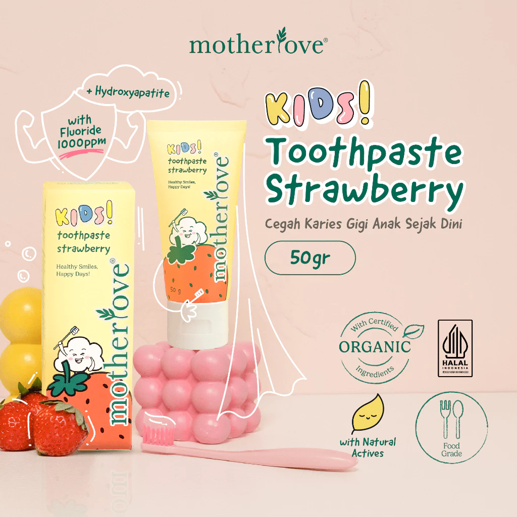 Motherlove Kids Toothpaste Strawberry 50g with Fluoride 1000ppm & Hydroxyapatite | Pasta Gigi Anak F