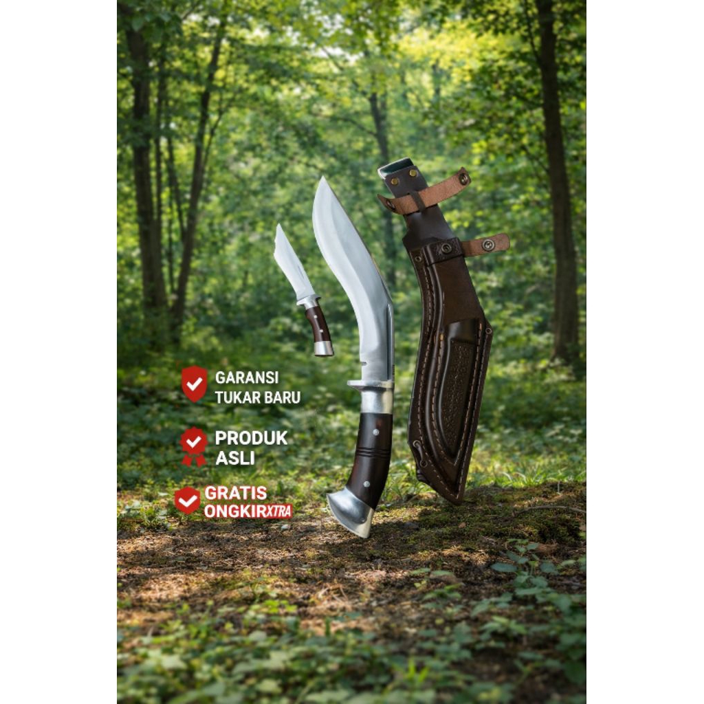 Pisau Kukri Survival Baja Per SUP9 Premium 25 cm – Fulltang Tebal, Pisau Outdoor Bushcraft + Sarung 