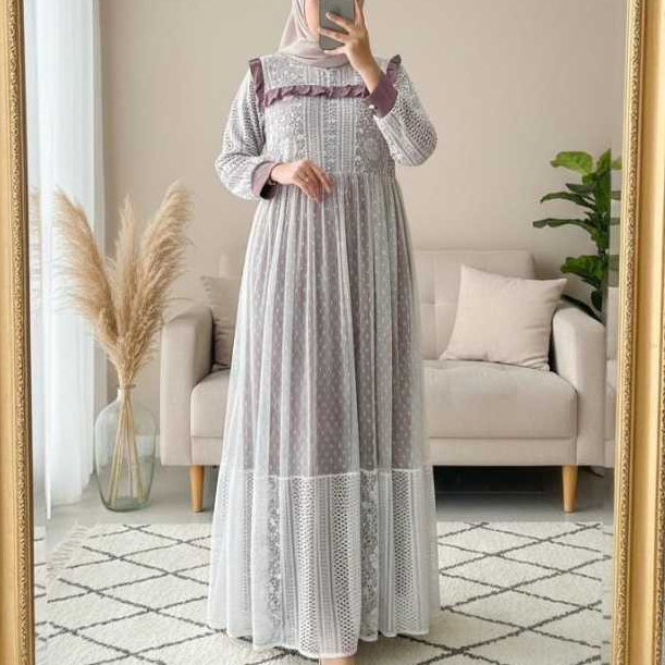 Aqeela Dress Gamis Brokat Full Furing Crinkle Busui Bumil Friendly Gamis Lebaran Ramadhan Premium