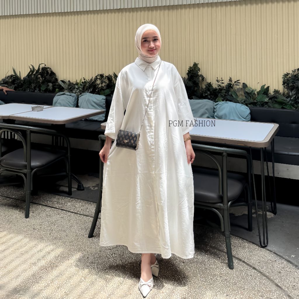 Nasha Long Tunik Outer Atasan Wanita Polos Casual Kerah Kemeja Full Kancing Aktif Lengan 3/4 LD 120c