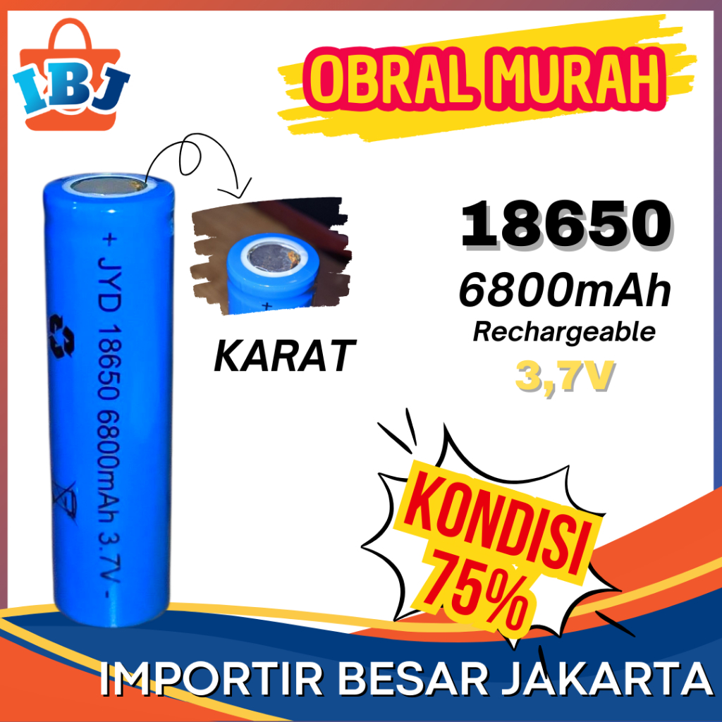 18650 FlatTop Biru 6800mAh Reject Kondisi 75% Batre Kipas Angin Portabel Senter PowerBank