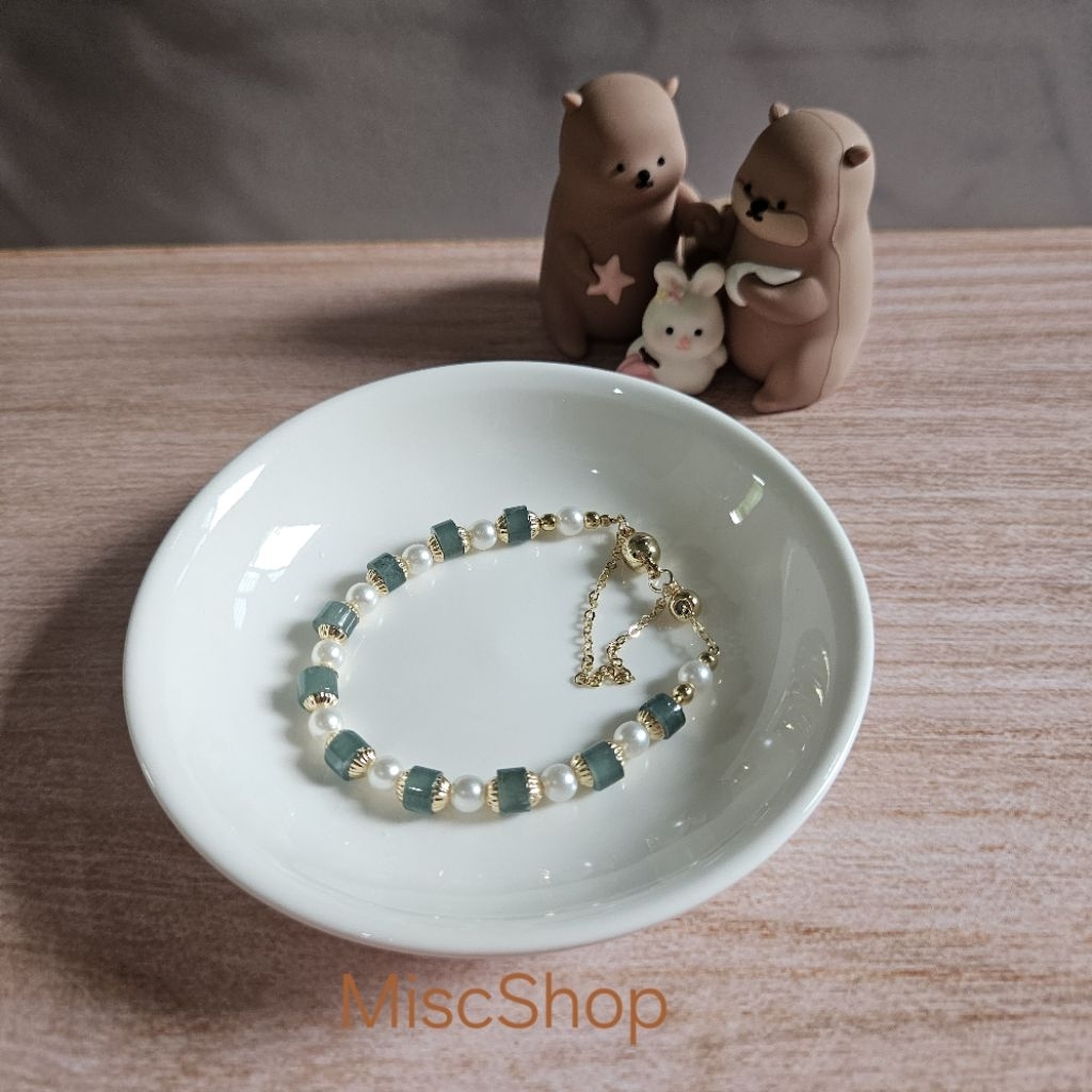 Gelang giok kombinasi mutiara lapis emas 14k