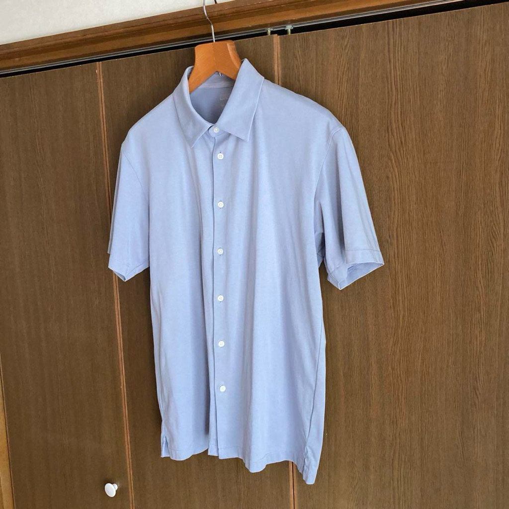 ORIGINAL UNIQLO airism blue biru muda pria polo tshirt kemeja kaos cotton cowok men full open outer 