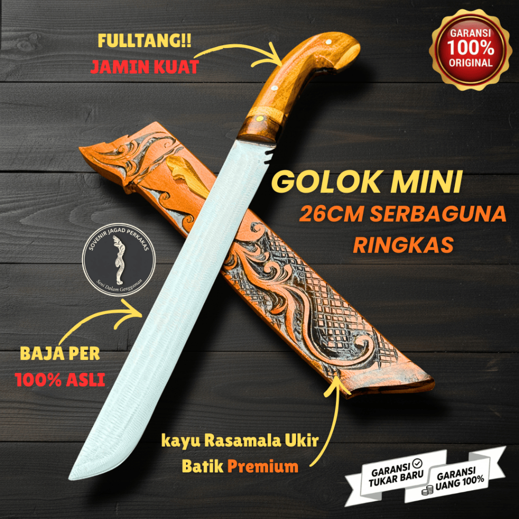 GOLOK PISAU MINI UKIR Serbaguna Berkebun Sembelih Multifungsi BAJA PER Asli Kayu Rasamala Ukir Batik