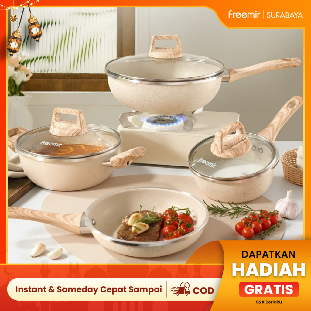 [Set Alat Masak] freemir Set Sultan Teflon Wajan Panci Set Beige Granite Single Bottom Serbaguna