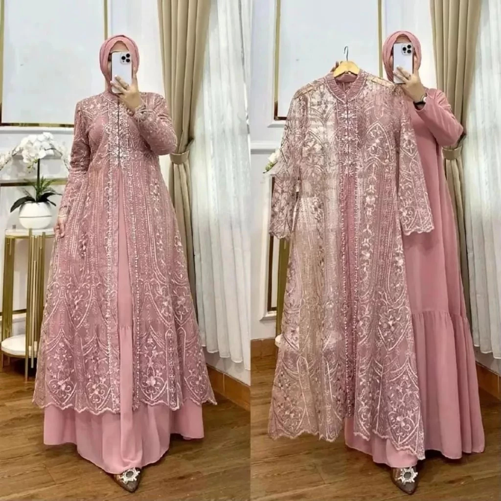 Baju Gamis Set Outer Laksmi Dress BO Bahan Ceruty Babydoll Full Puring Mix Brukat Aplikasi Payet Mut