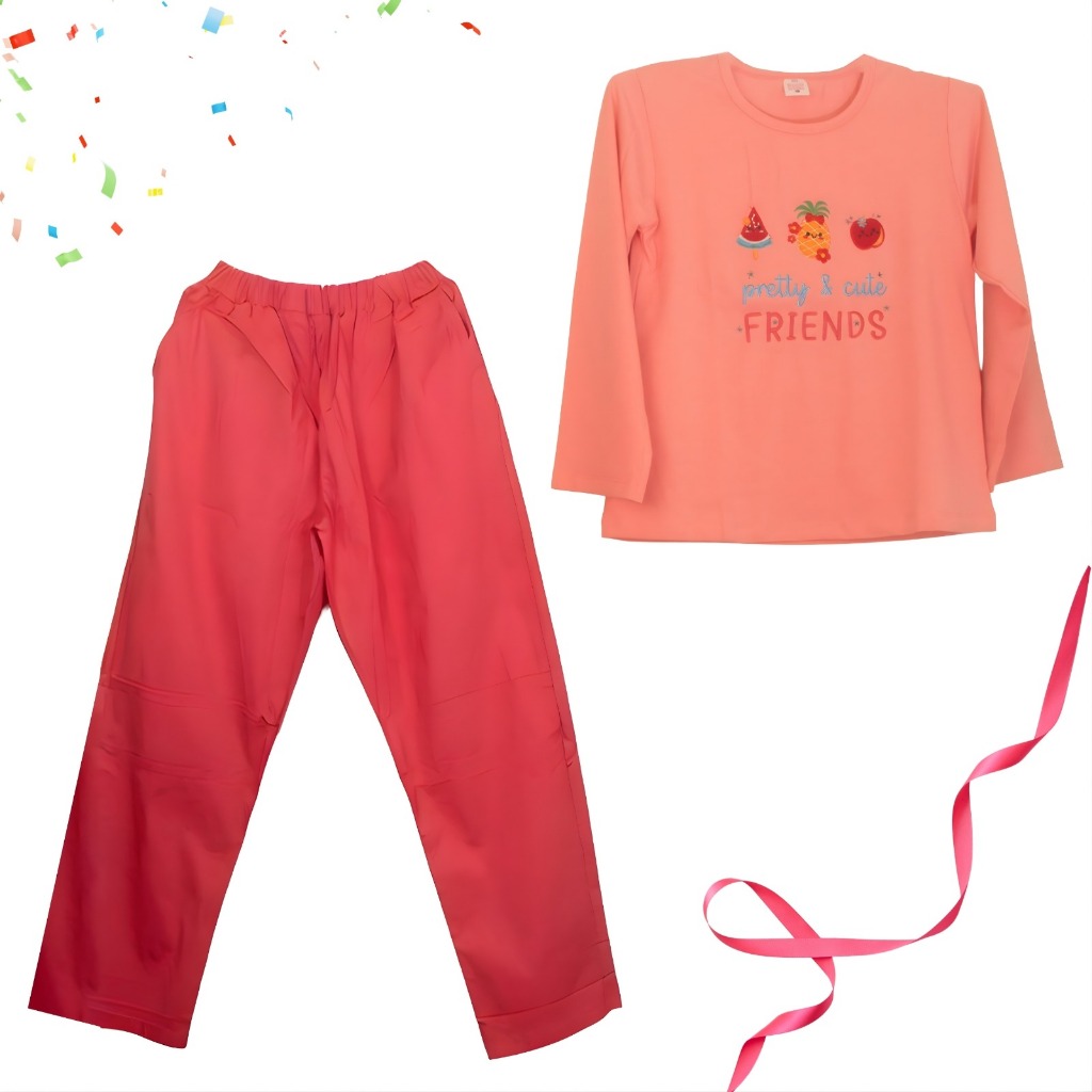Setelan Baju Panjang Anak Perempuan Bahan Katun Premium Pretty and Cute Friends Pink