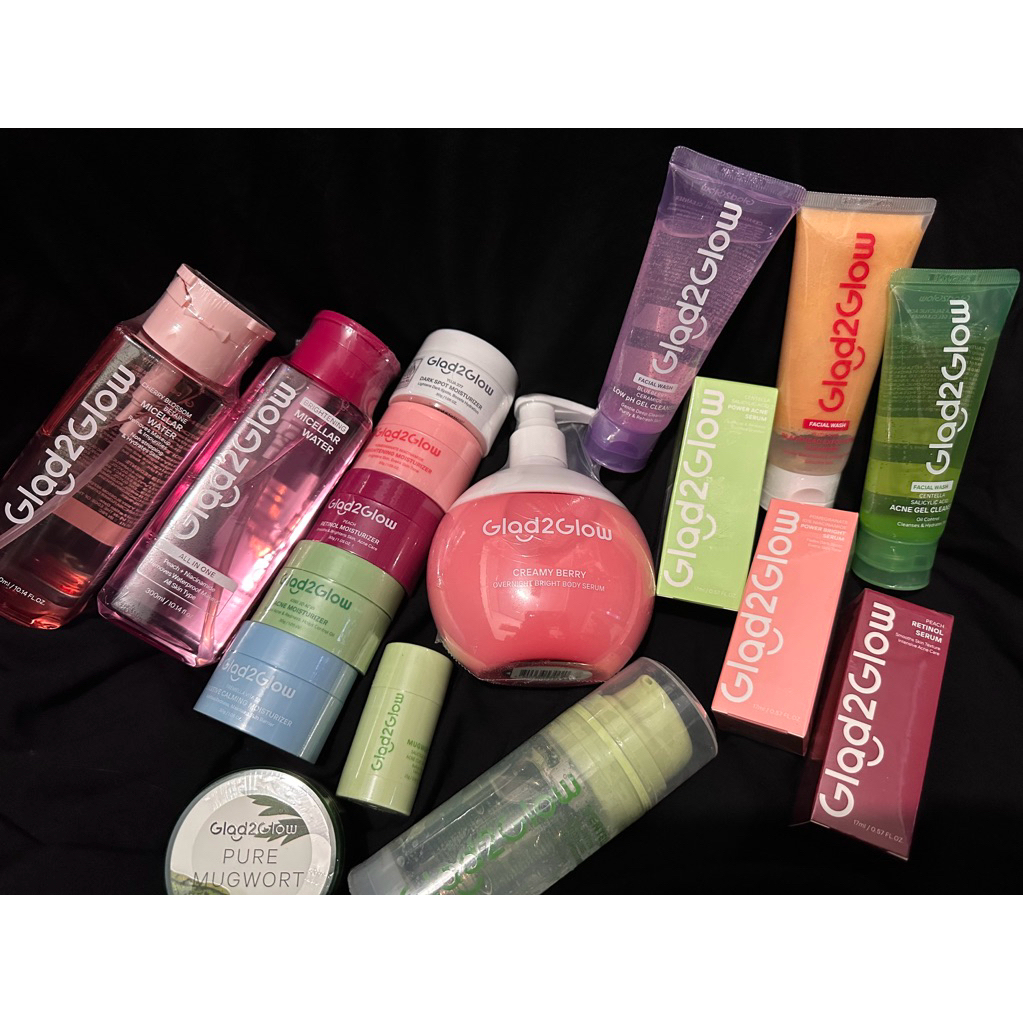 Glad2glow new seal micellar water 300ml, body serum, bright serum, aha bha peeling solution, moistur