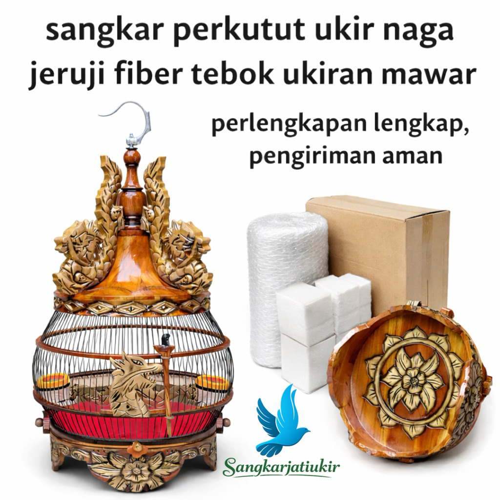Sangkar Perkutut Ukiran Naga Tebok Mawar Kayu Jati Asli Jeruji Fiber Fullset Kerajinan Jepara Premiu
