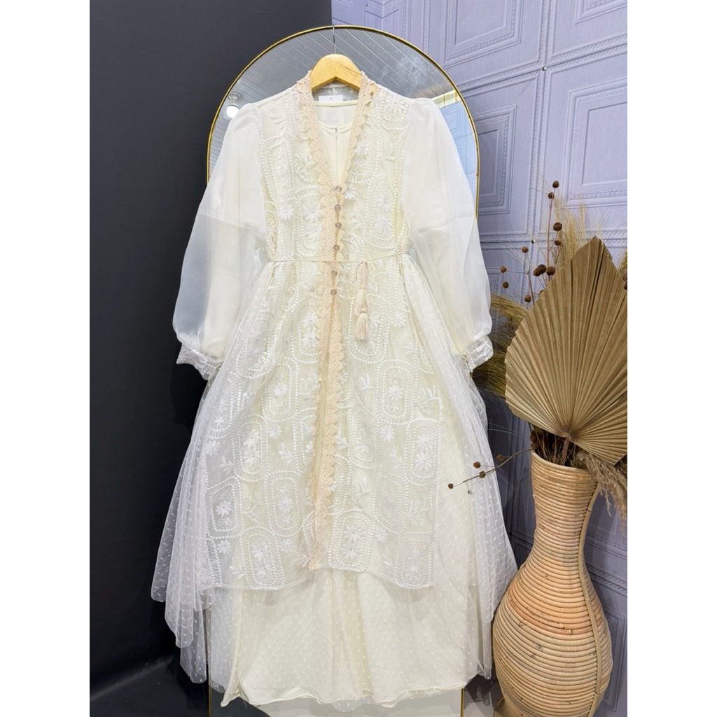 gamis dress brokat set inner outer dan rok tutu fashion setelan muslim wanita kondangan 2026