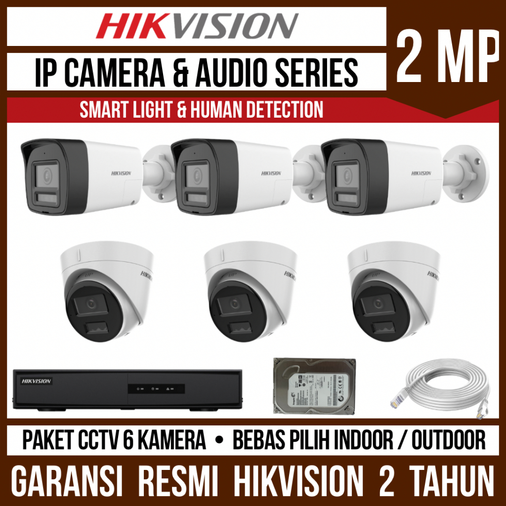 Paket CCTV Hikvision IP Camera 2MP 8 Channel 6 Kamera Smart Hybrid Light Audio IP Cam