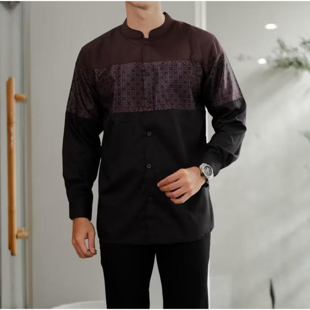 Kemeja Muslim Pria Katun Toyobo Batik Printed Lengan Panjang Pendek M L XL