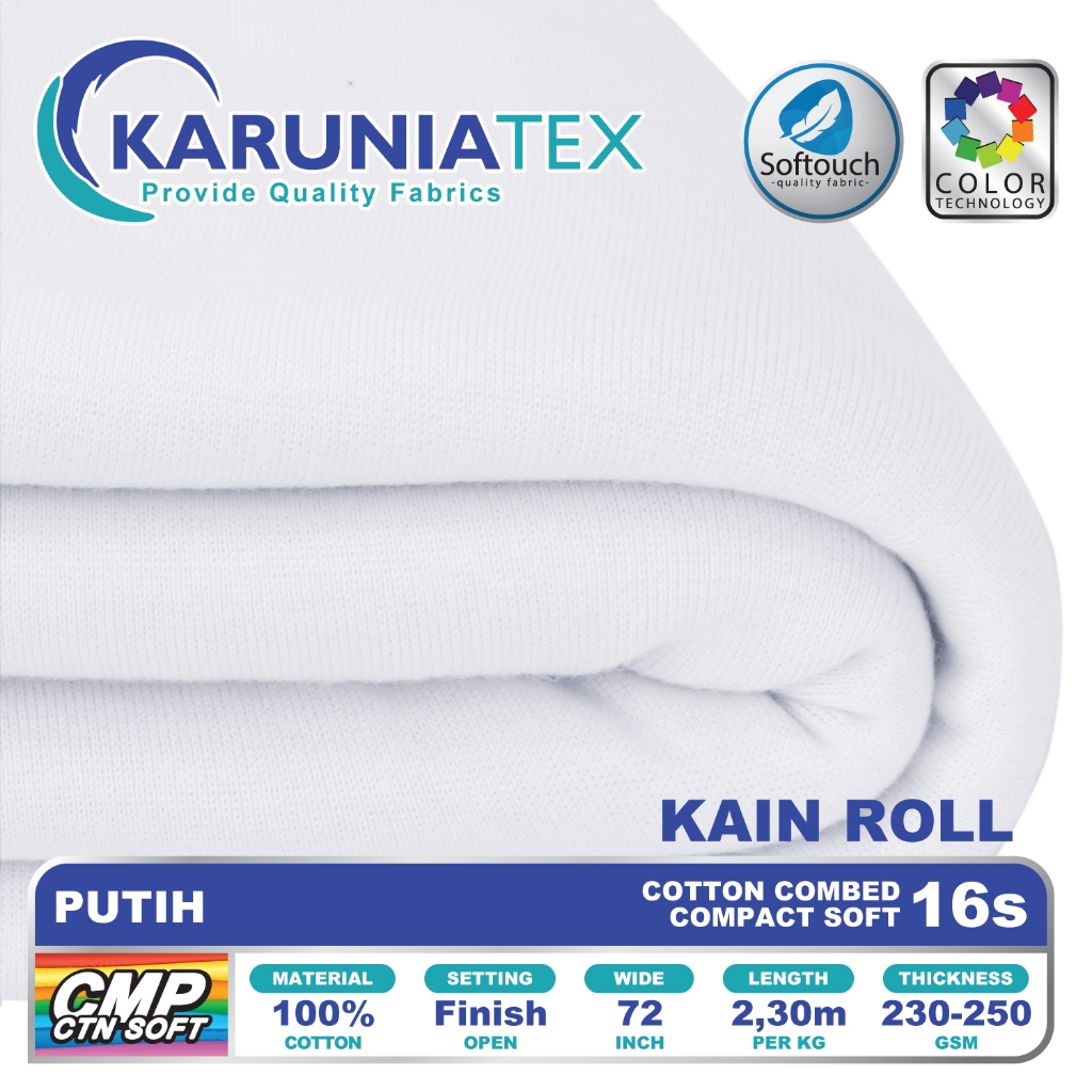 Kain Kaos Cotton Combed Compact 16s Rollan | Putih | Karunia Textile