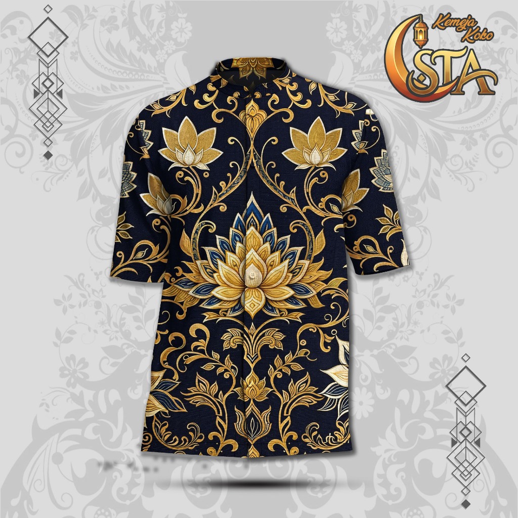 STA.Indonesia Kemeja Koko Pria Motif Bunga Lotus Gold Luxury Atasan Muslim Modern Premium - STKO-17