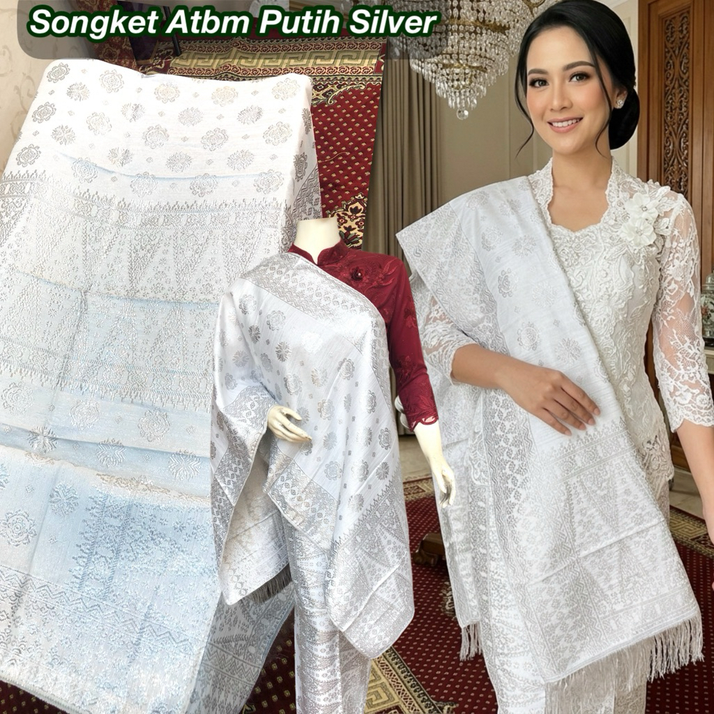 Songket Murah Putih Silver / Songket ATBM songket Tenun Mesin palembang /Songket pengantin