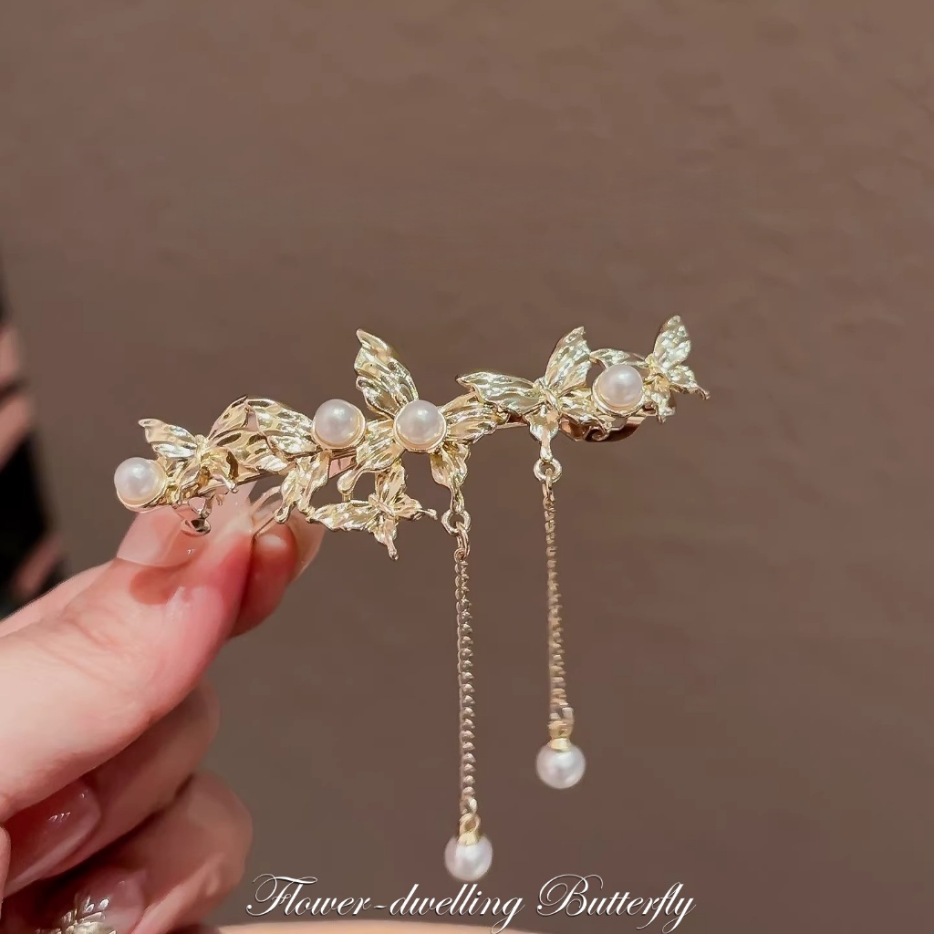 Jepit Rambut Daun Ranting Mutiara Emas - Rantai Gantung Aura Romantis untuk Temu Muka & Minum Teh Si