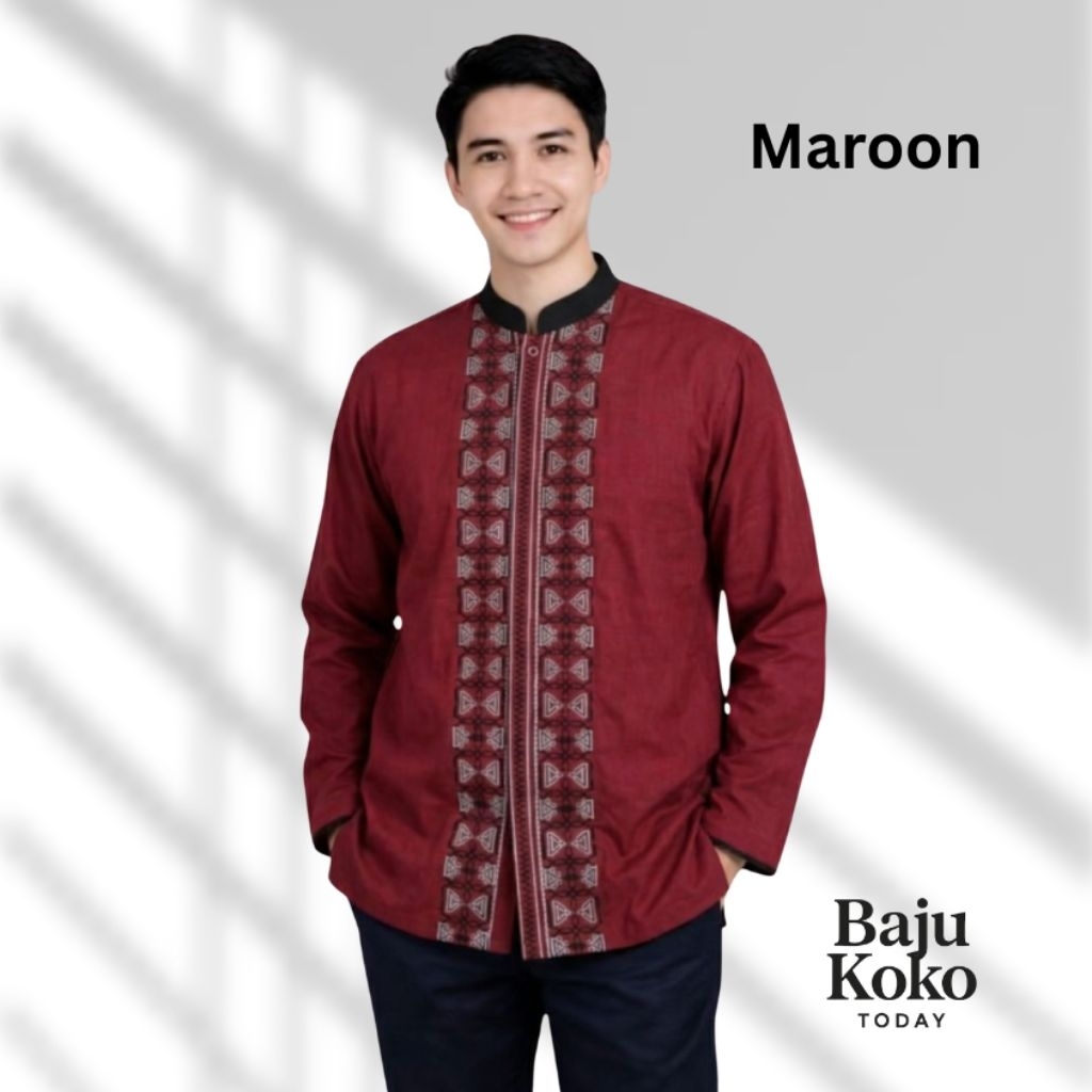 Baju Koko Desain Bordir Lengan Panjang Dewasa