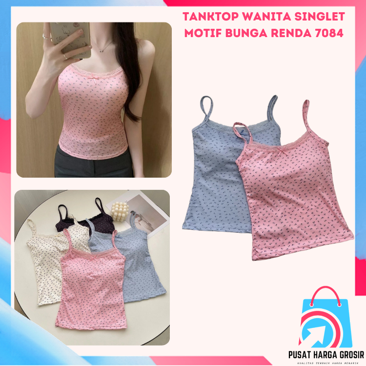PHG - Tanktop Wanita Singlet Motif Bunga Renda 7084 Bra Busa Tali Floral Lace Pita Lucu Atasan Knit 