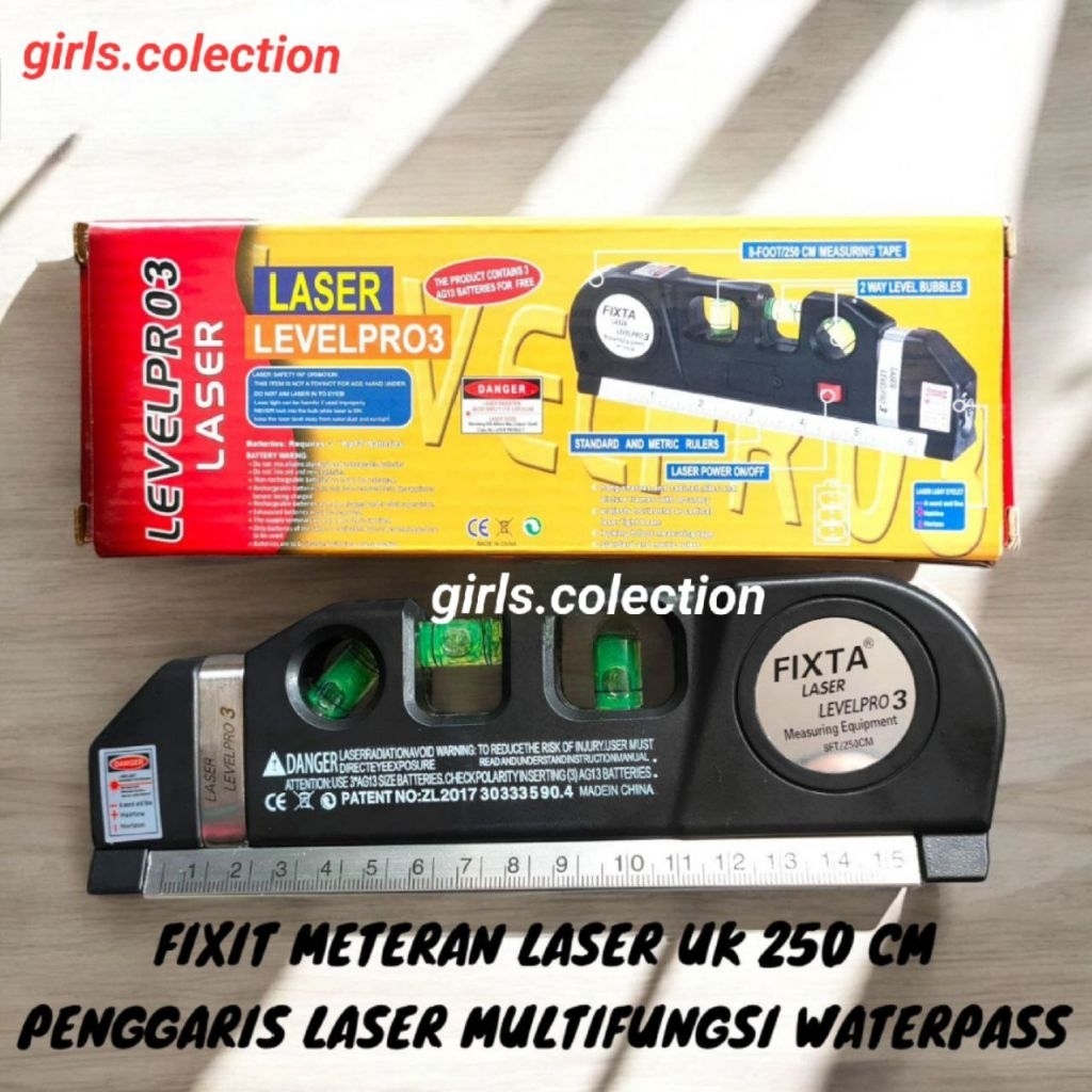 Fixit Meteran Laser 250cm Penggaris Fixit Level Pro 3 Penggaris Laser Waterpass Multifungsi