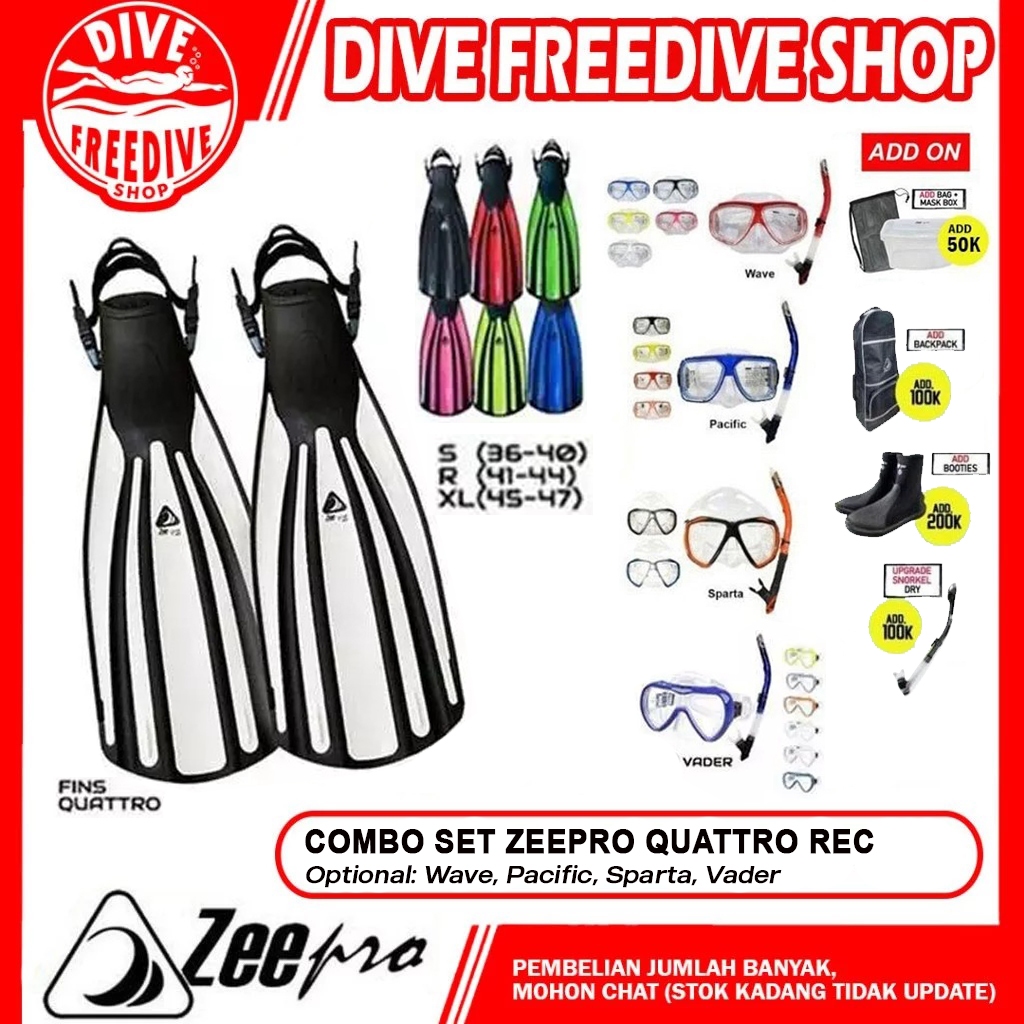 Package Combo Set Zeepro Quattro Rec Fin OH Mask Snorkel Full Dry Tube Basic Snorkeling Scuba Diving