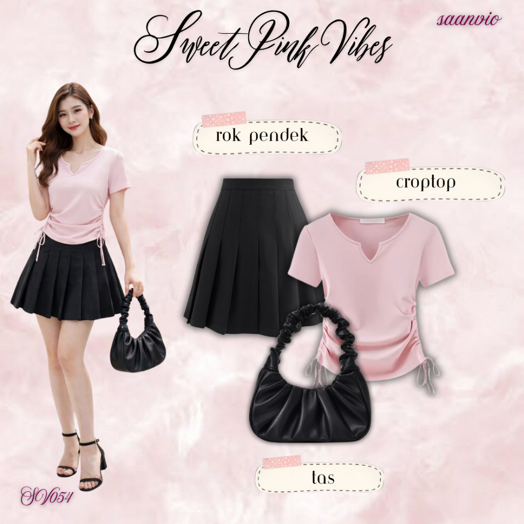 Setelan Wanita Casual OOTD Kekinian SV054 -OneSet Croptop Serut Pink & Rok Pendek Hitam Korean Style