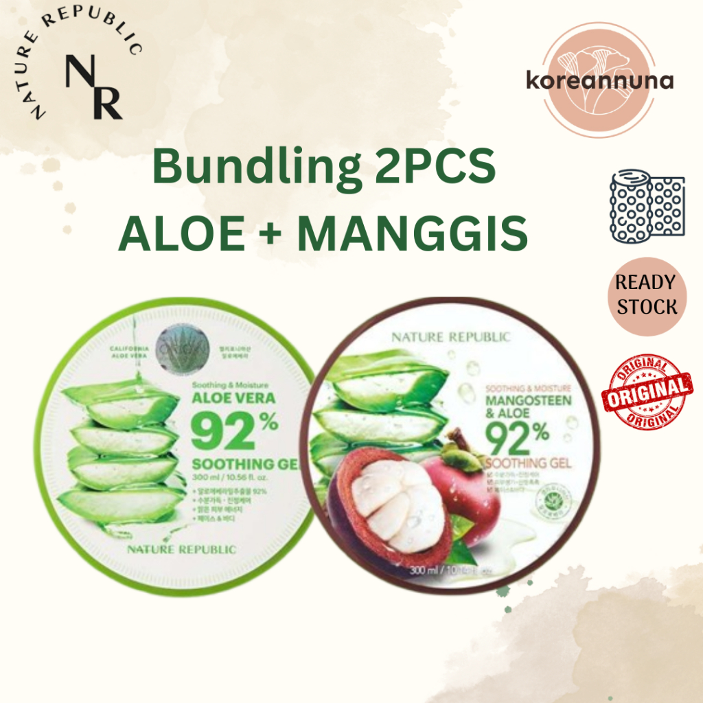[2 PCS] NATURE REPUBLIC ALOE VERA 92% + MANGOSTEEN ALOE 92% Soothing & Moisture Gel 300ml