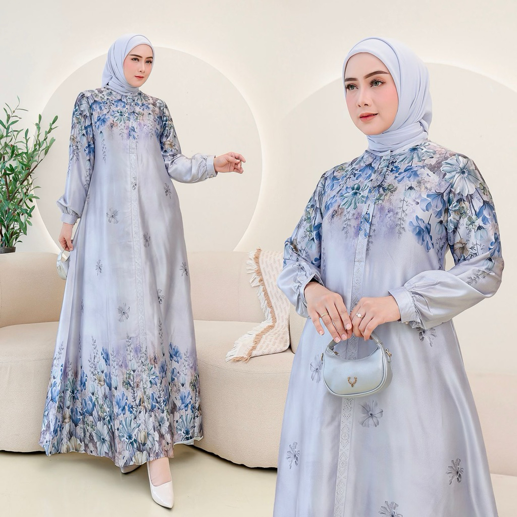 Melani Dress || Gamis armany silk Terbaru / Gamis Silk Semi Sutra / Gamis Motif Bunga Mewah Ready Ju