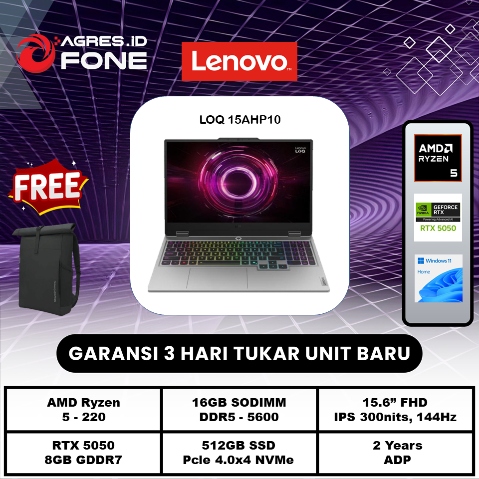 LAPTOP GAMING LENOVO LOQ 15AHP10 RYZEN 5 220 RTX5050 16GB SSD 512GB W11