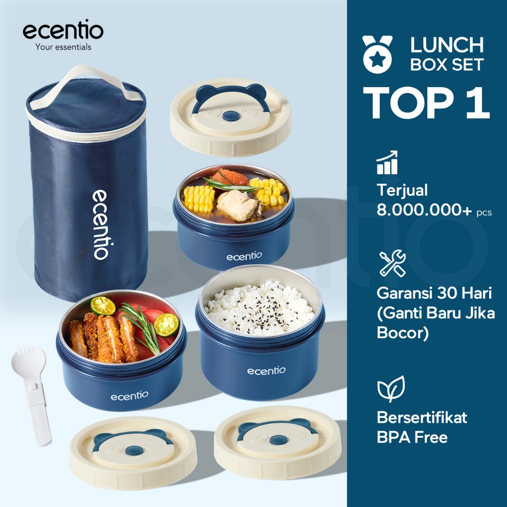 ecentio lunch box tas set 3pcs Biru Makan anti tumpah 304 Stainless Steel tas bekal dan free sendok